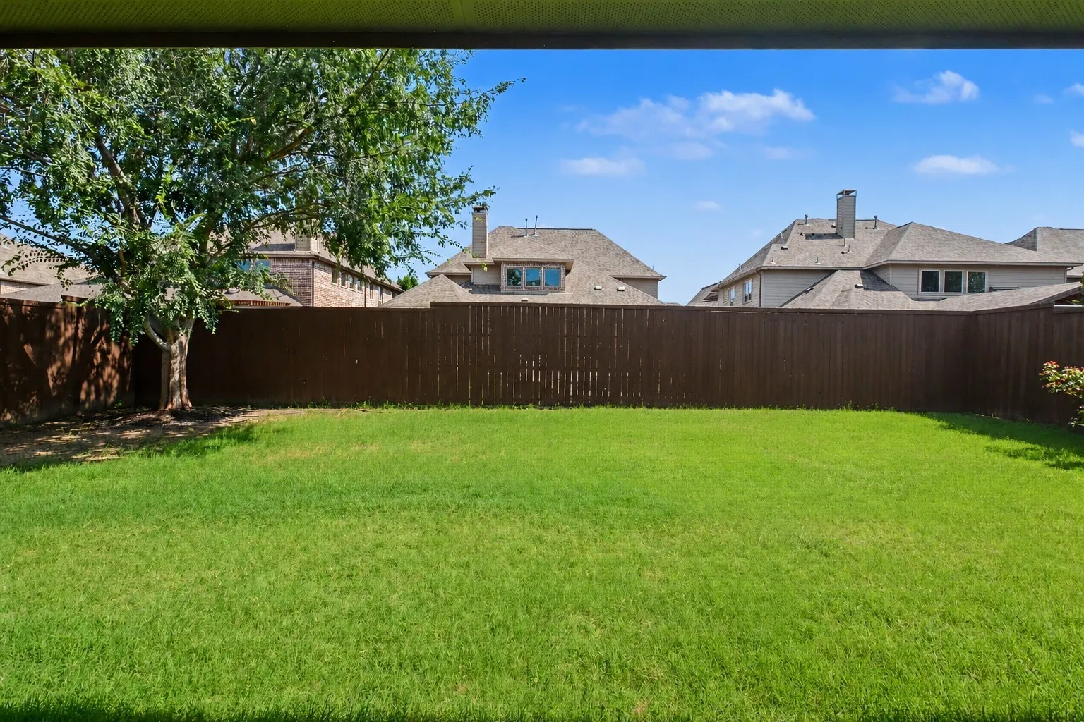 Expansive grassy yard featuring a mature tree and wood privacy fencing