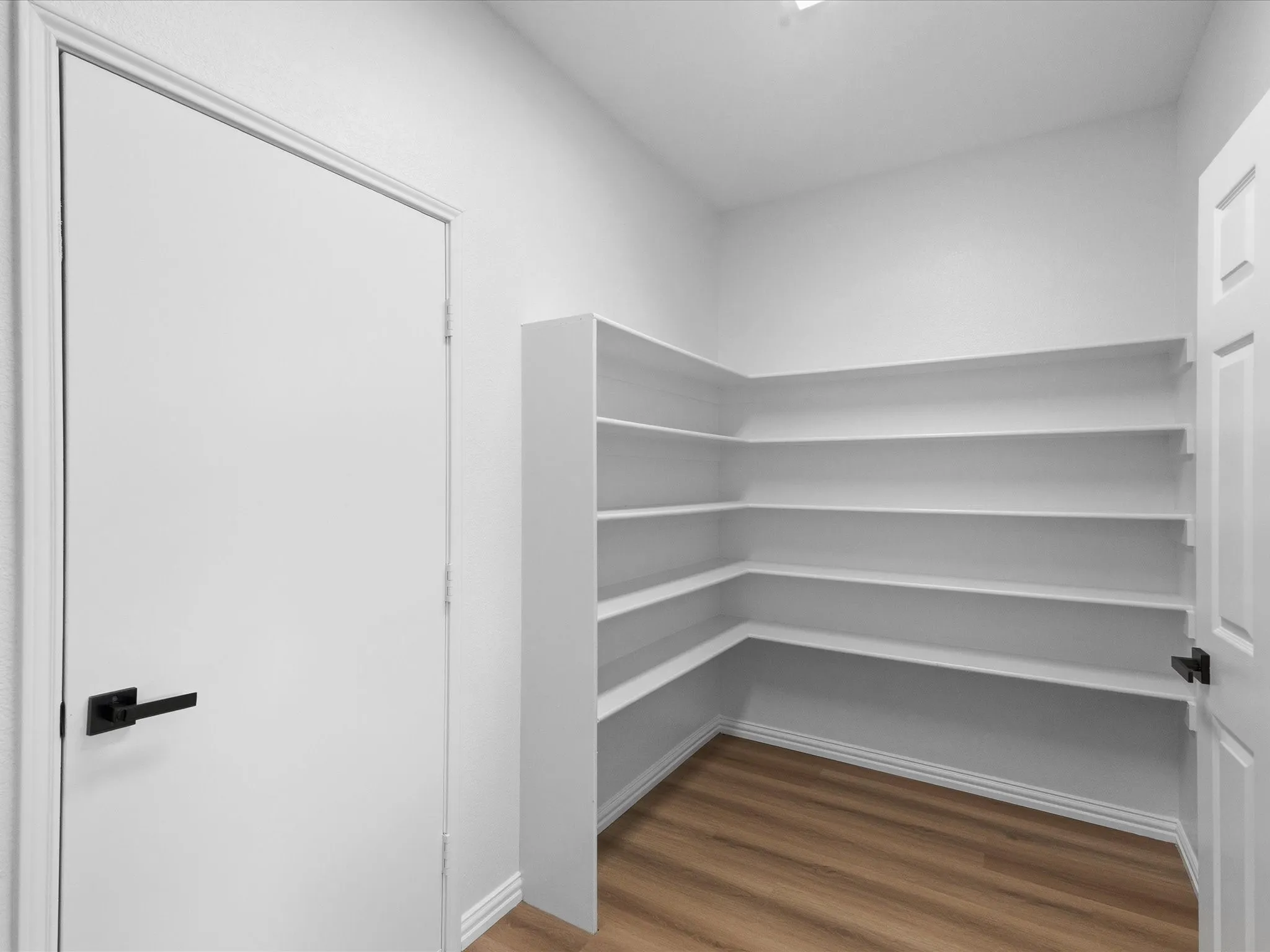 Walk-in pantry featuring extensive built-in shelving, wood-finish flooring, and crisp white trim