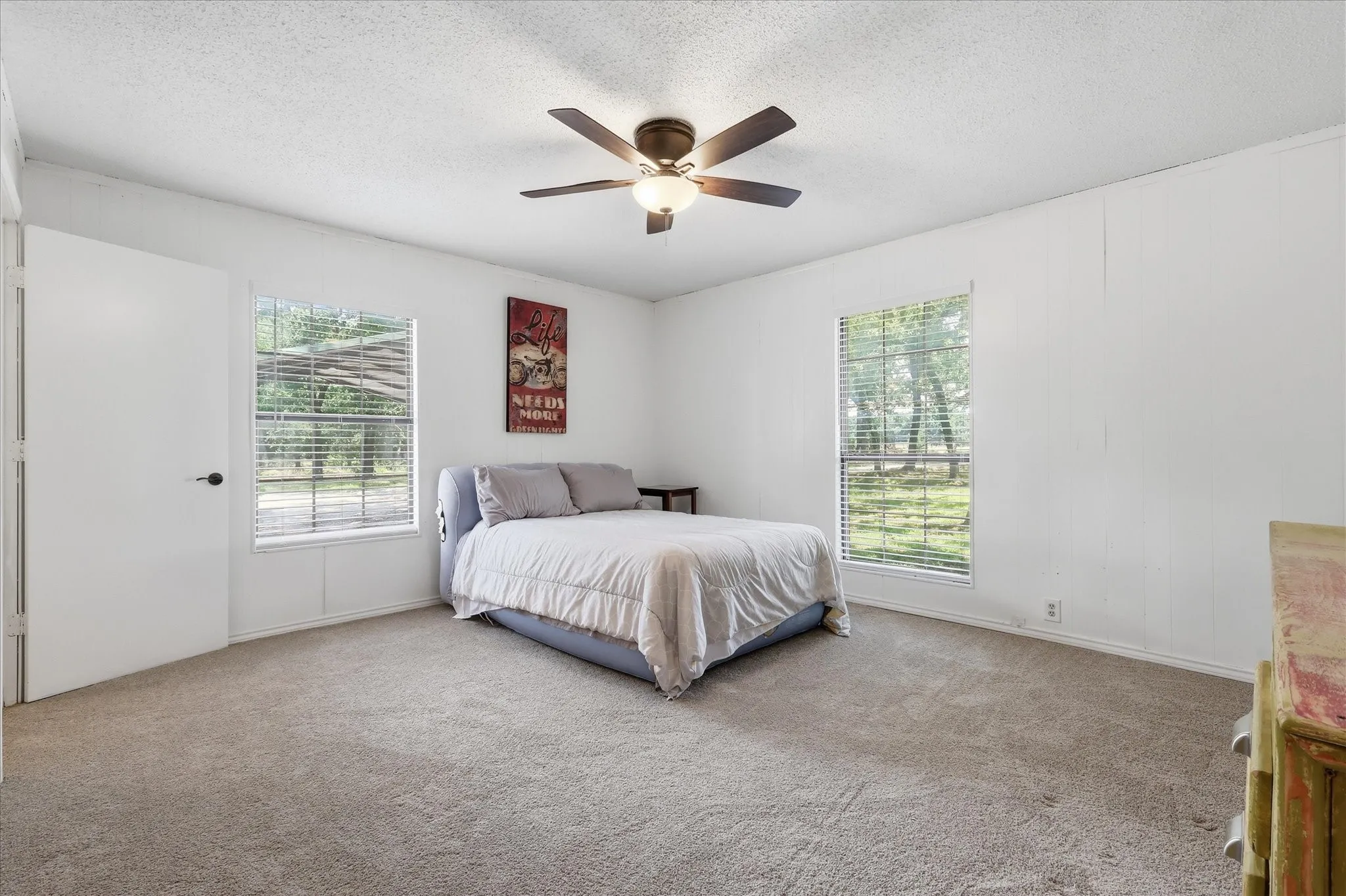 Spacious bedroom featuring neutral carpeting, white walls, two windows with horizontal blinds, a ceiling fan with integrated lighting, and a white interior door