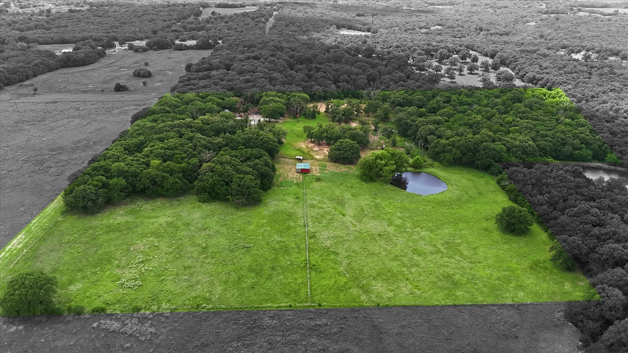Expansive acreage featuring a substantial tree line, a large grassy field, a small red outbuilding, and a tranquil pond