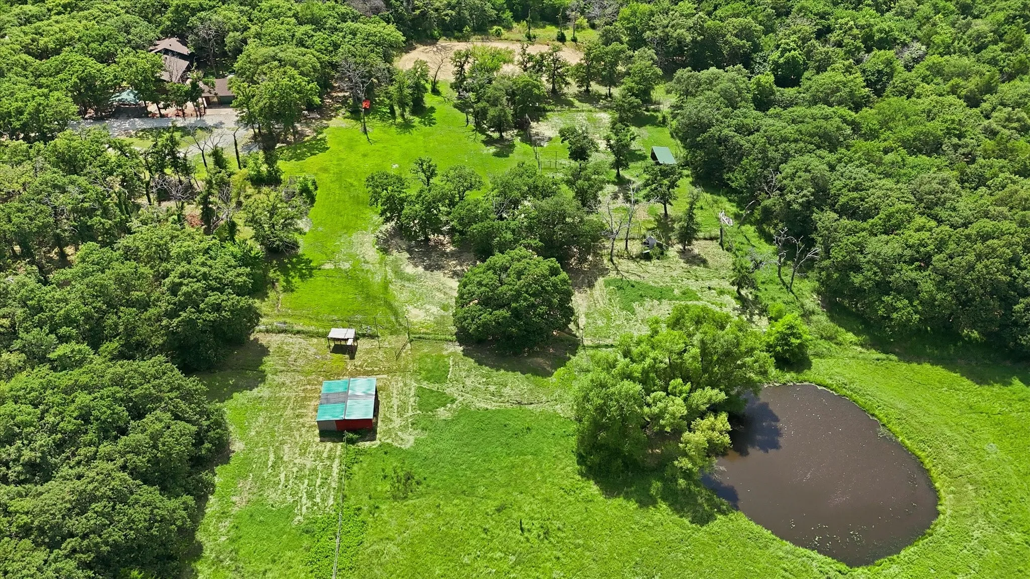Expansive green landscape featuring mature trees and a natural pond