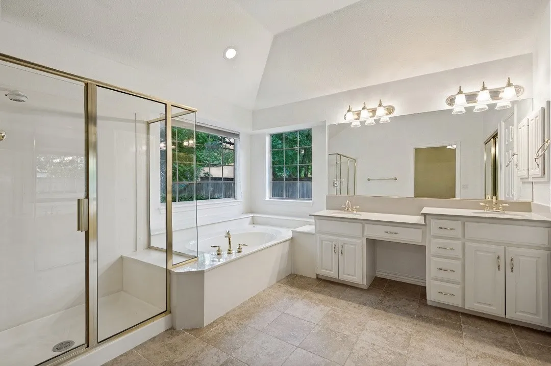 Dual vanities,tub and separate shower
