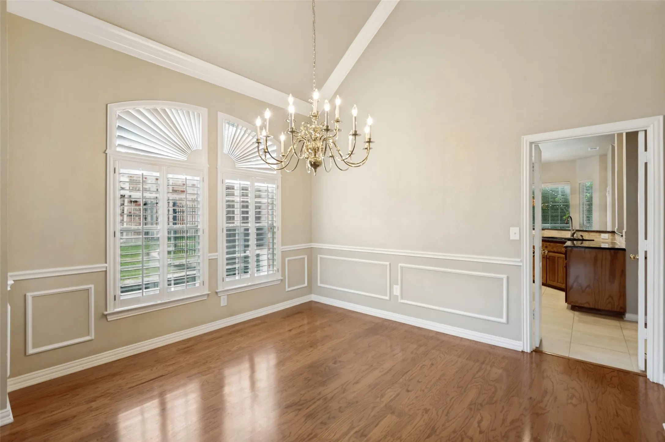 The dining room opens to the kitchen for easy access.