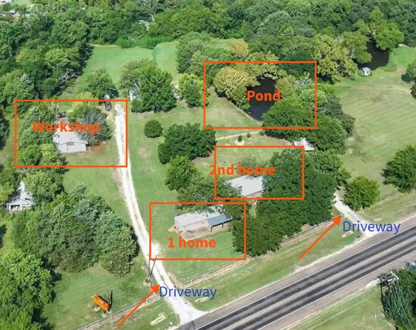 Expansive property featuring two residential structures, a separate workshop building, a private pond, and multiple access driveways