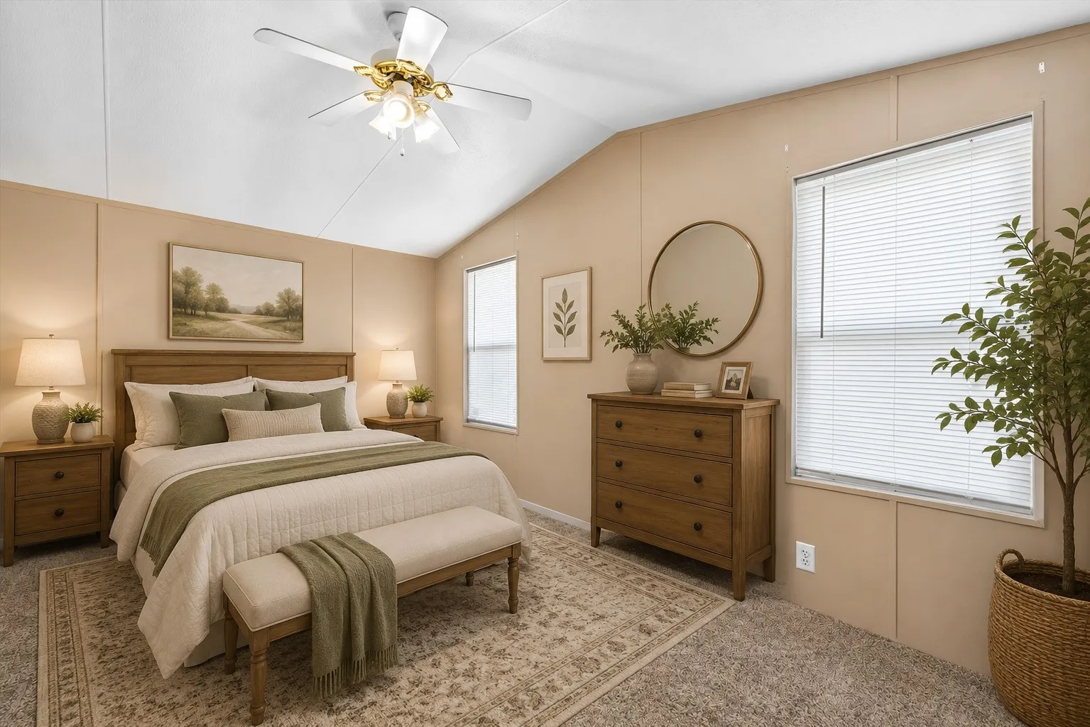 Virtual staging: Vaulted ceiling bedroom featuring carpet flooring and neutral wall tones
