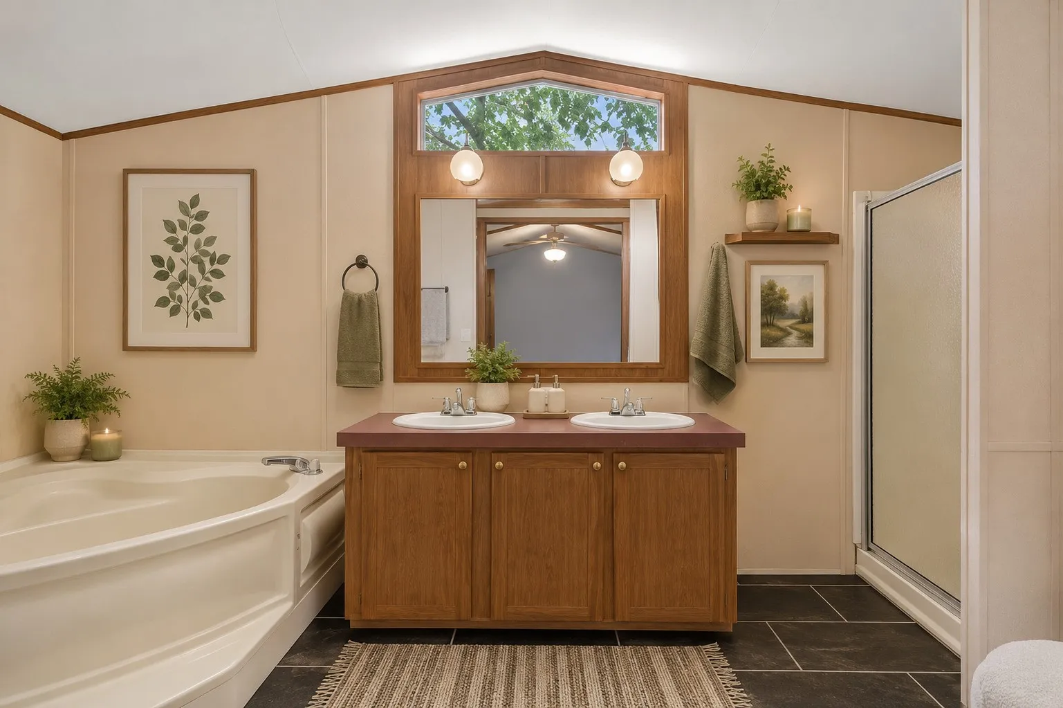 Virtual staging: Bathroom featuring a dual vanity with a wood-finish cabinet, a corner soaking tub, a stand-alone shower, dark tile flooring, and a transom window
