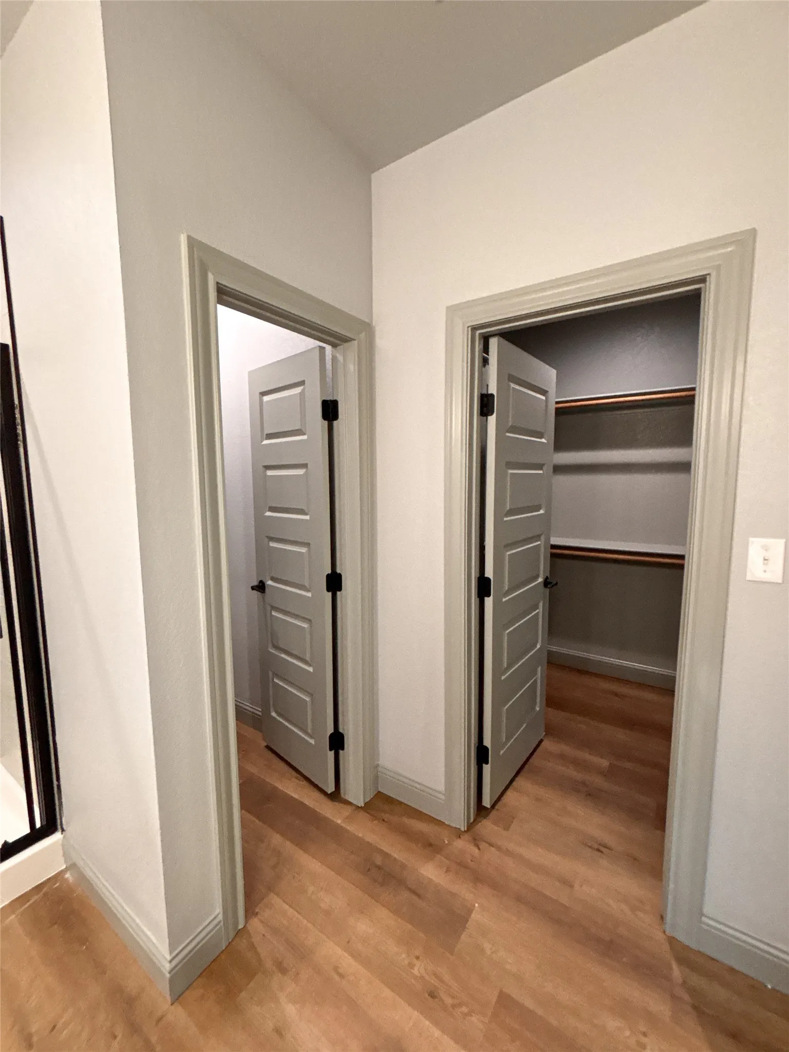 Wood-finish flooring throughout, featuring two paneled interior doors with dark hardware