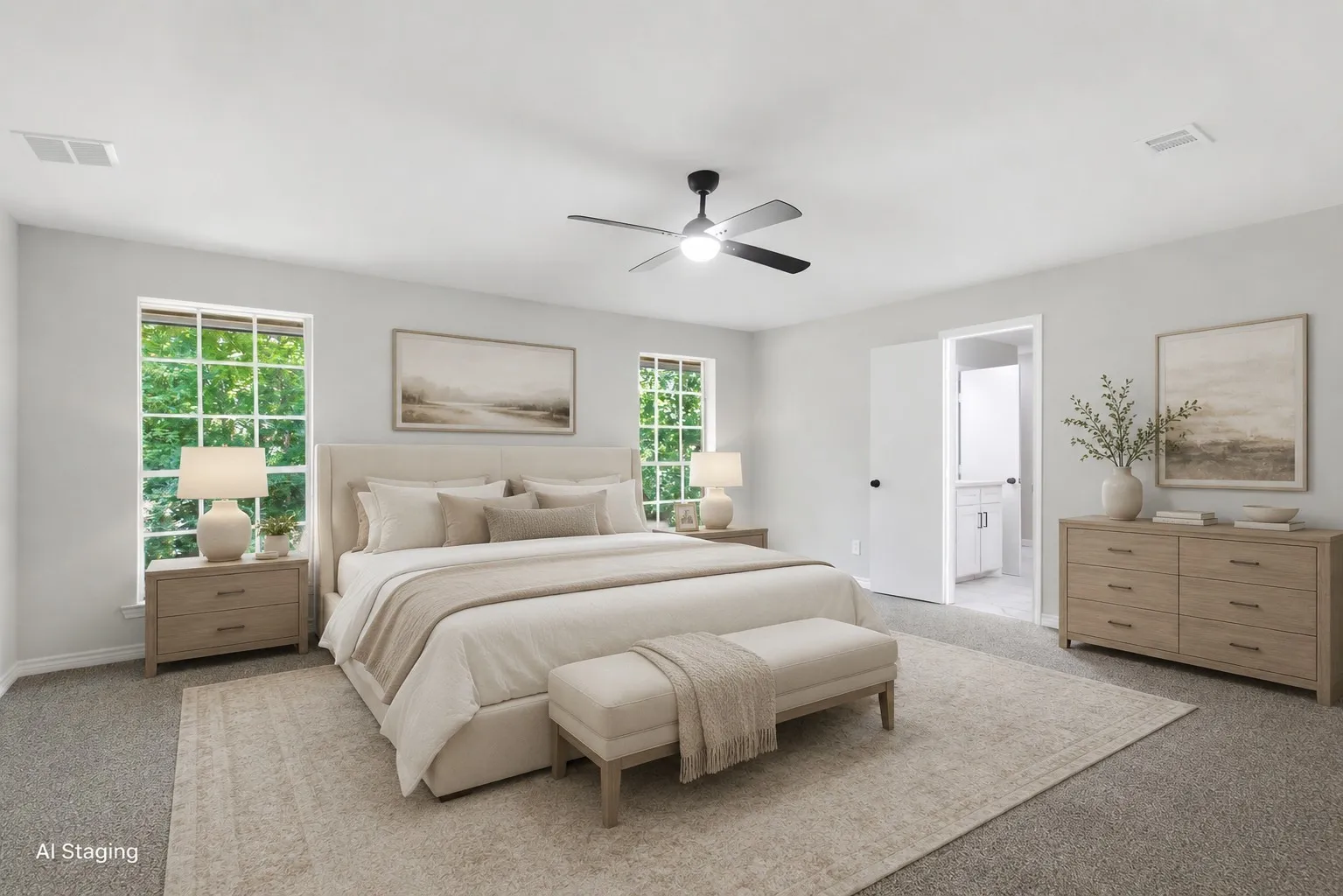 Spacious room featuring light gray walls, two large windows, a ceiling fan with integrated lighting, and carpet flooring