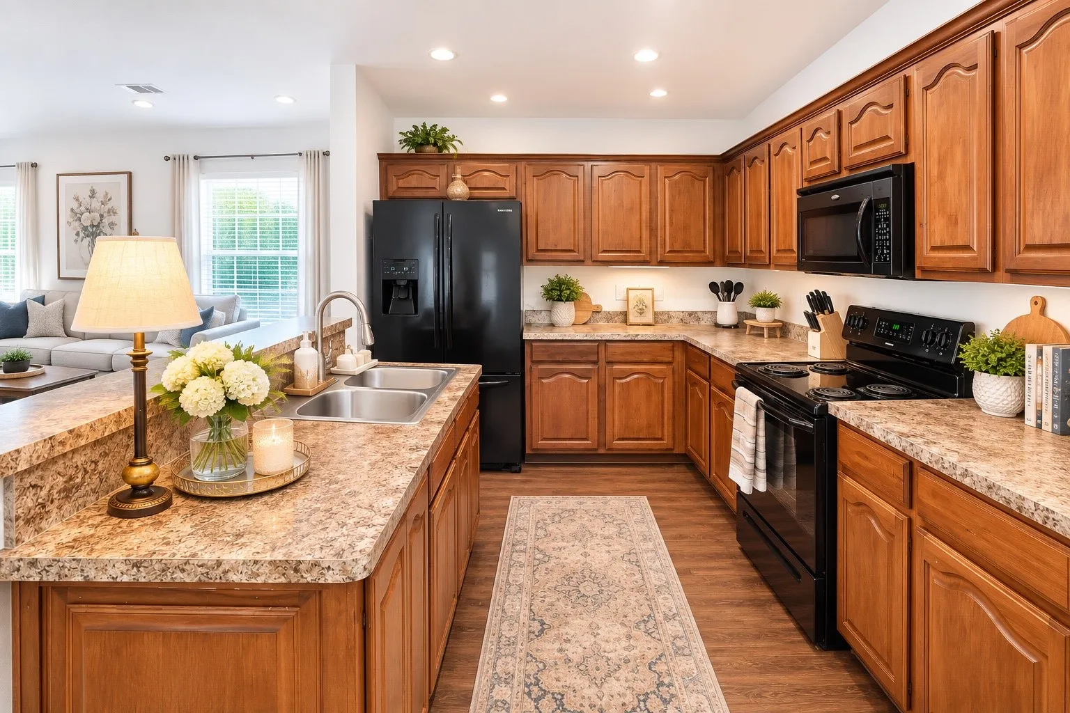 Kitchen featuring wood-finish cabinetry, black appliances, and speckled countertops