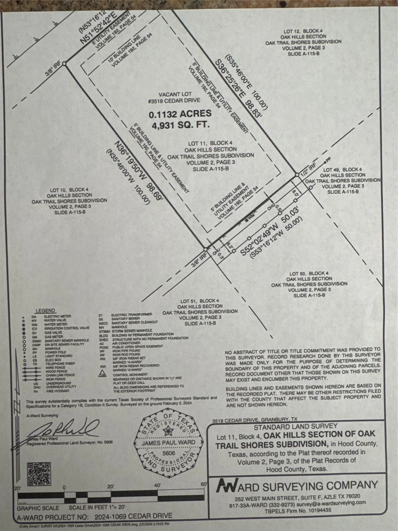 Standard Land Survey. Detailing boundaries, dimensions, and easement information for the property