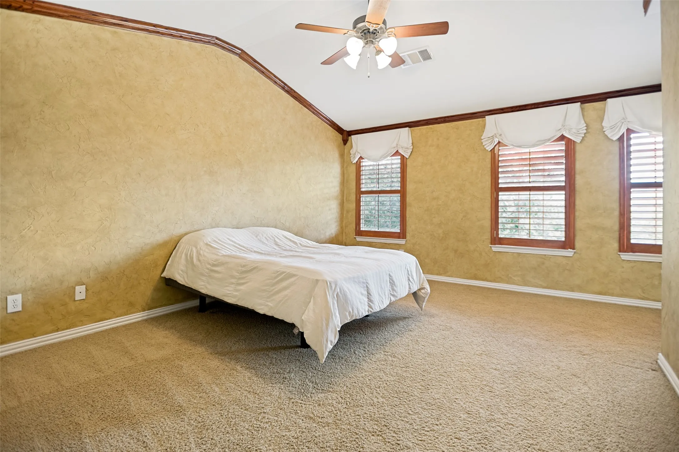 Spacious room featuring textured wall finishes, a vaulted ceiling, wood-finish trim, plush carpet flooring, and three windows with plantation shutters