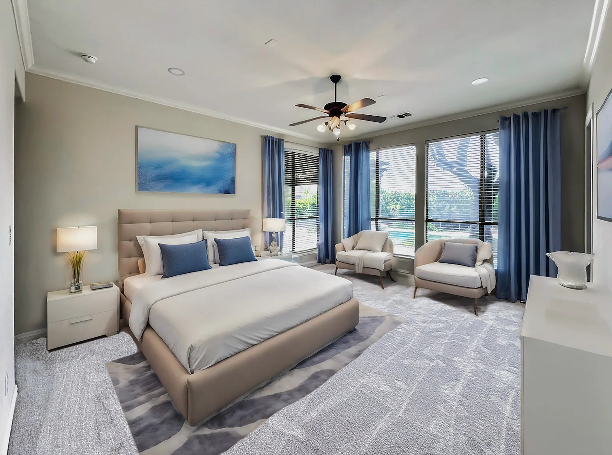 Bedroom featuring crown molding, recessed lighting, and a ceiling fan