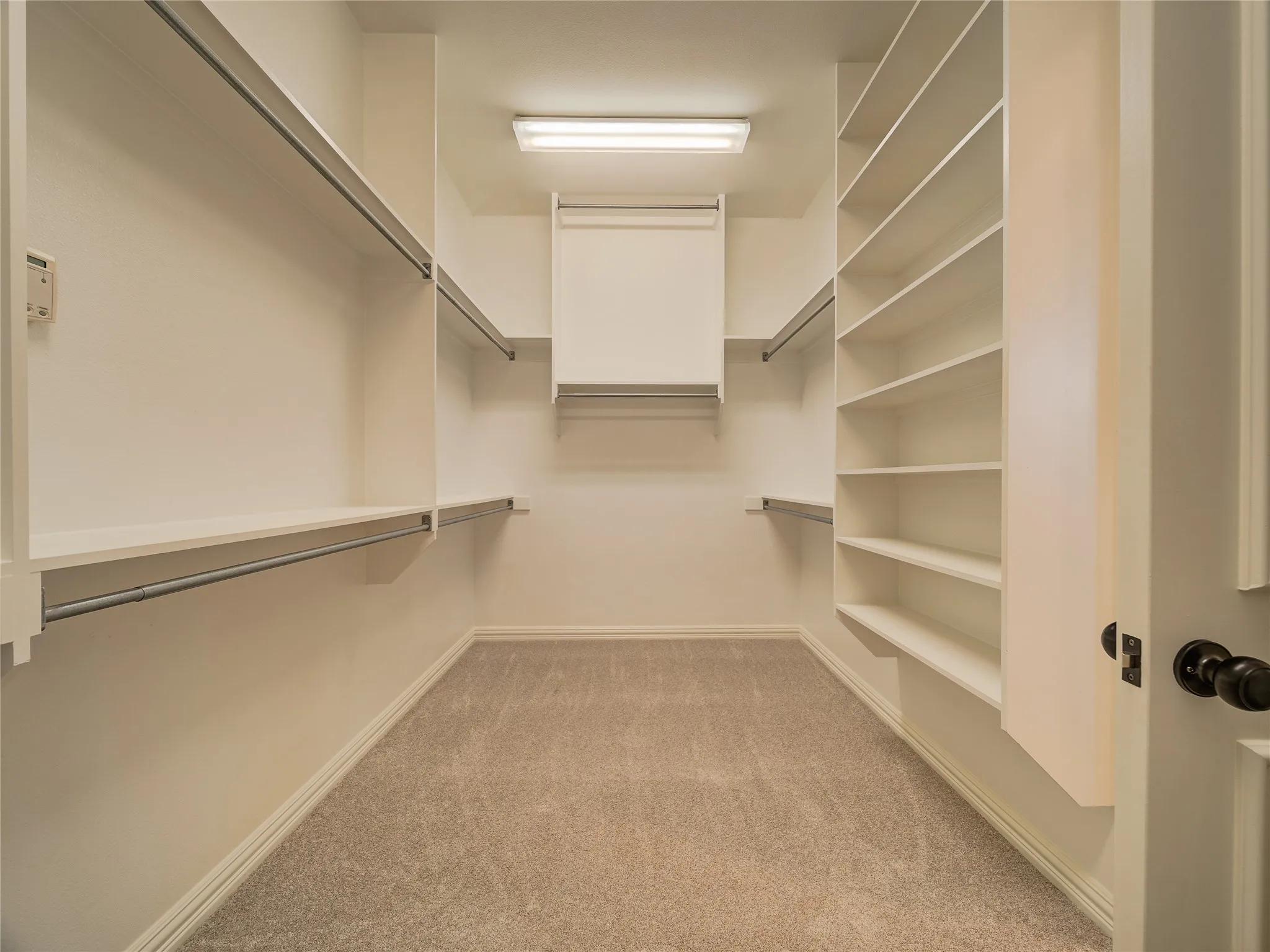 Walk-in closet featuring built-in shelving, multiple hanging rods, and neutral-toned carpeting