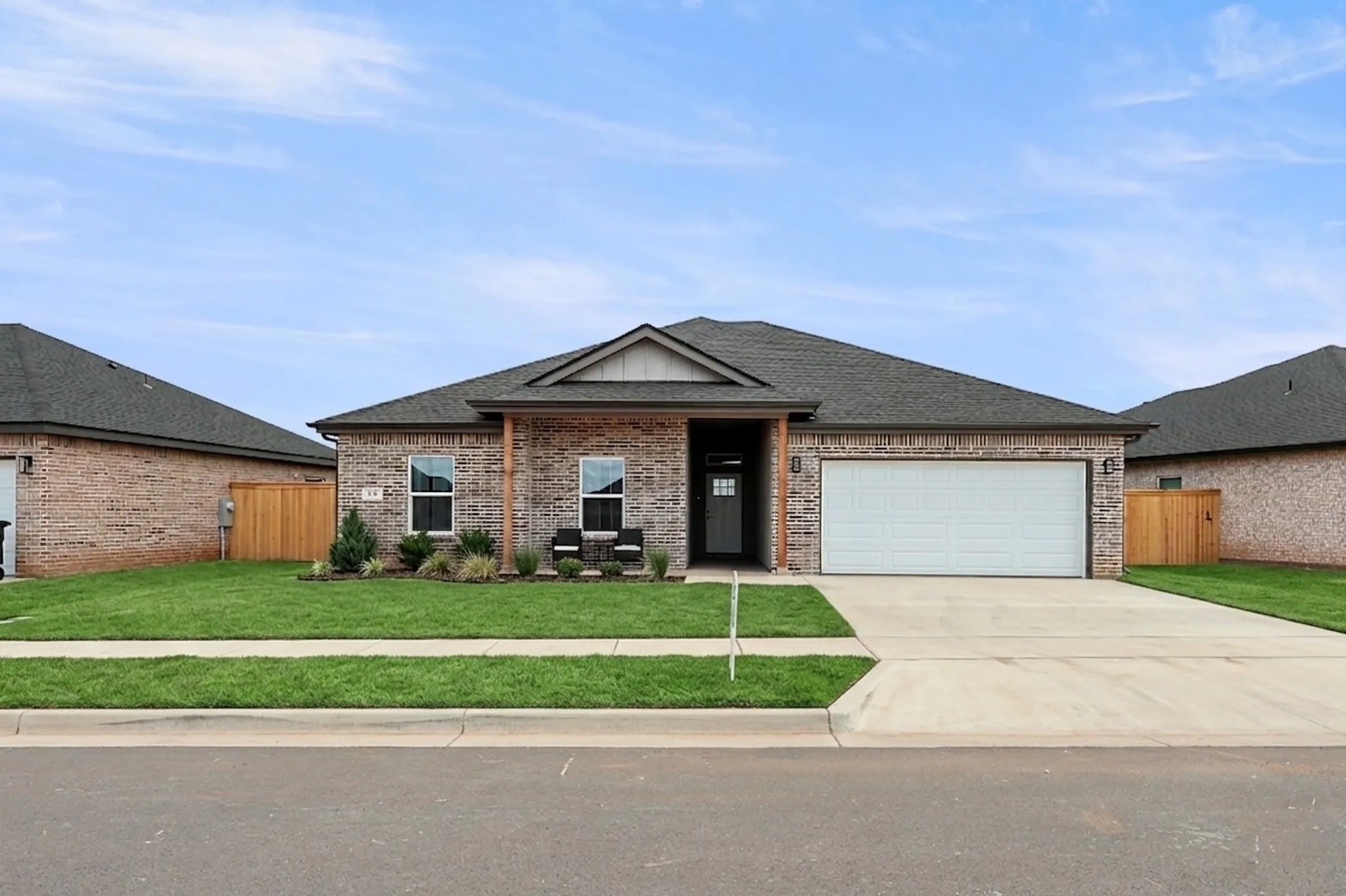 Brick exterior with gabled roofline