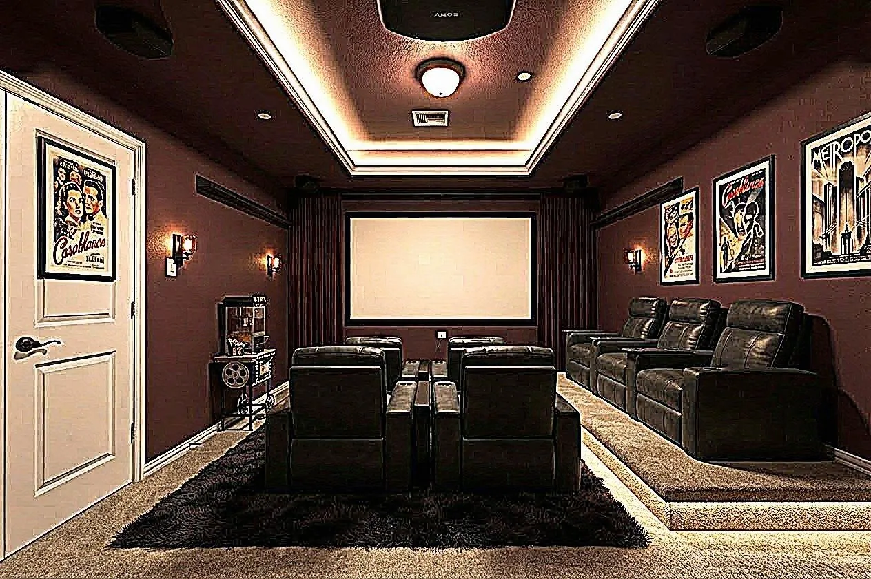 Media room adjacent to game room upstairs includes projector, screen and built in speakers. AI generated photo.