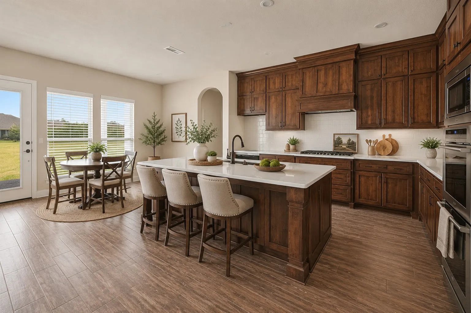 Combination breakfast bar-island. Stainless steel appliances include double ovens, microwave, dishwasher, and gas cooktop. This is an AI generated image to show kitchen furnished.