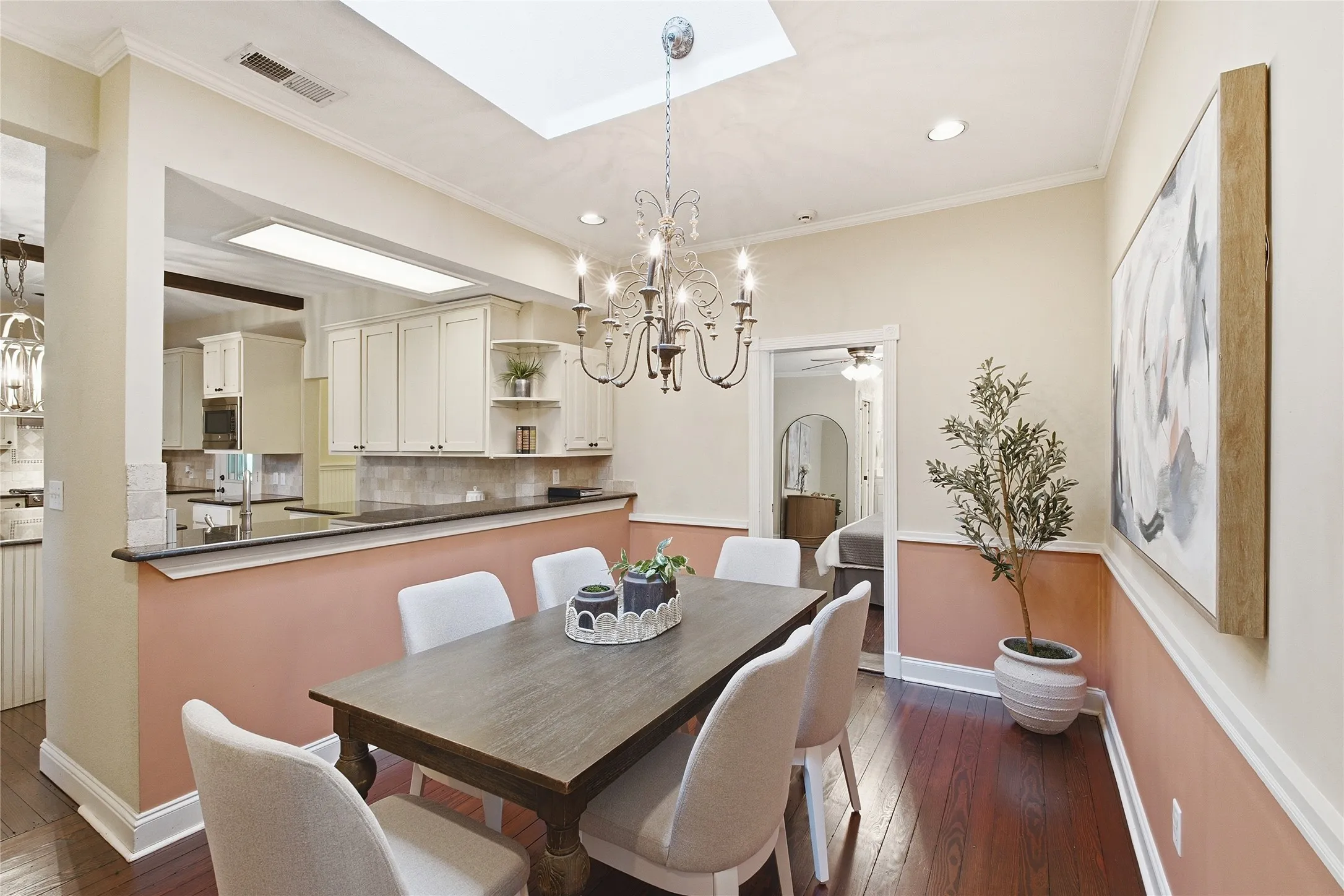 Dining area with large skylight.