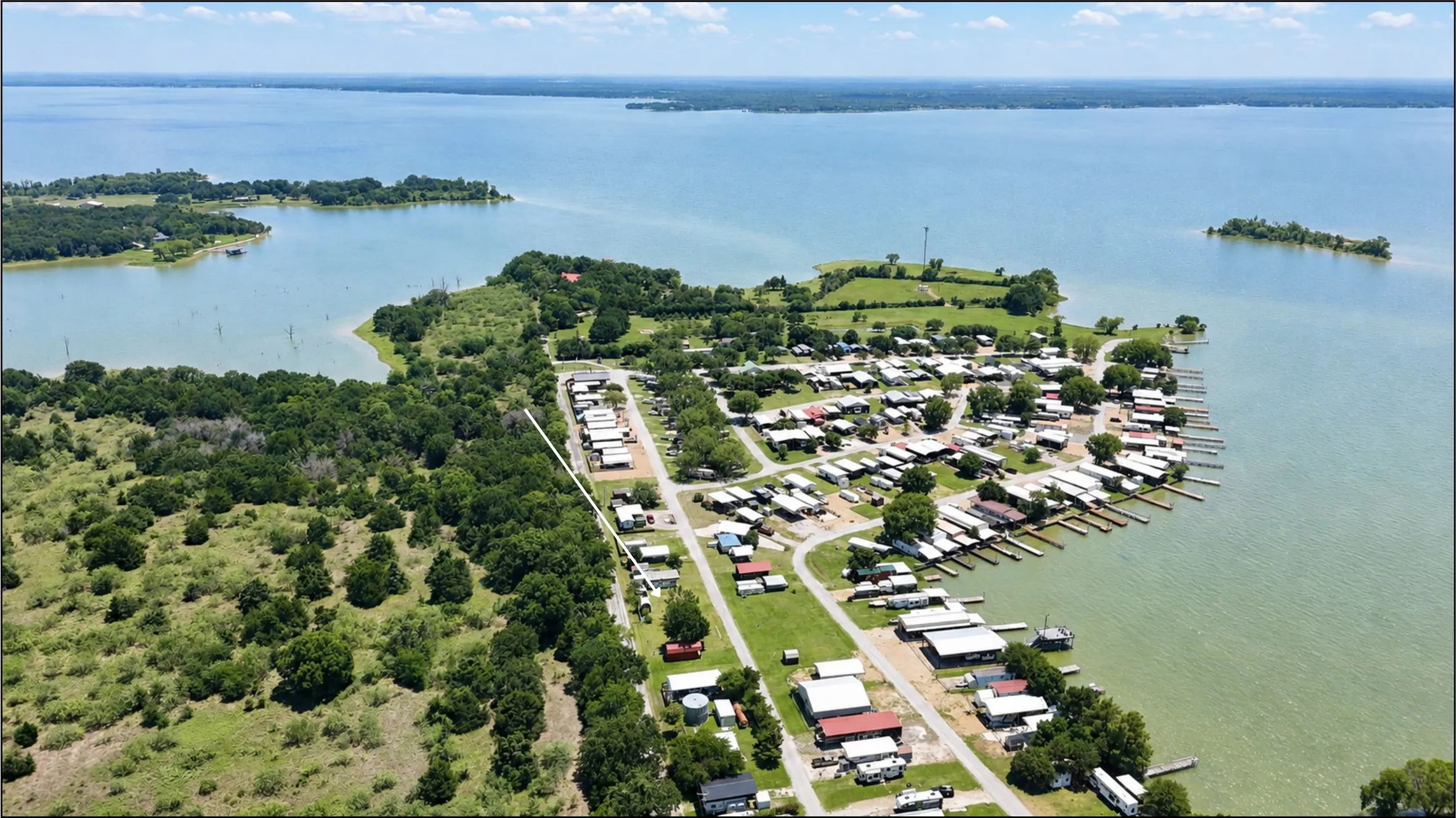 Lake-area aerial view showing Pelican Isle along Richland-Chambers Lake.