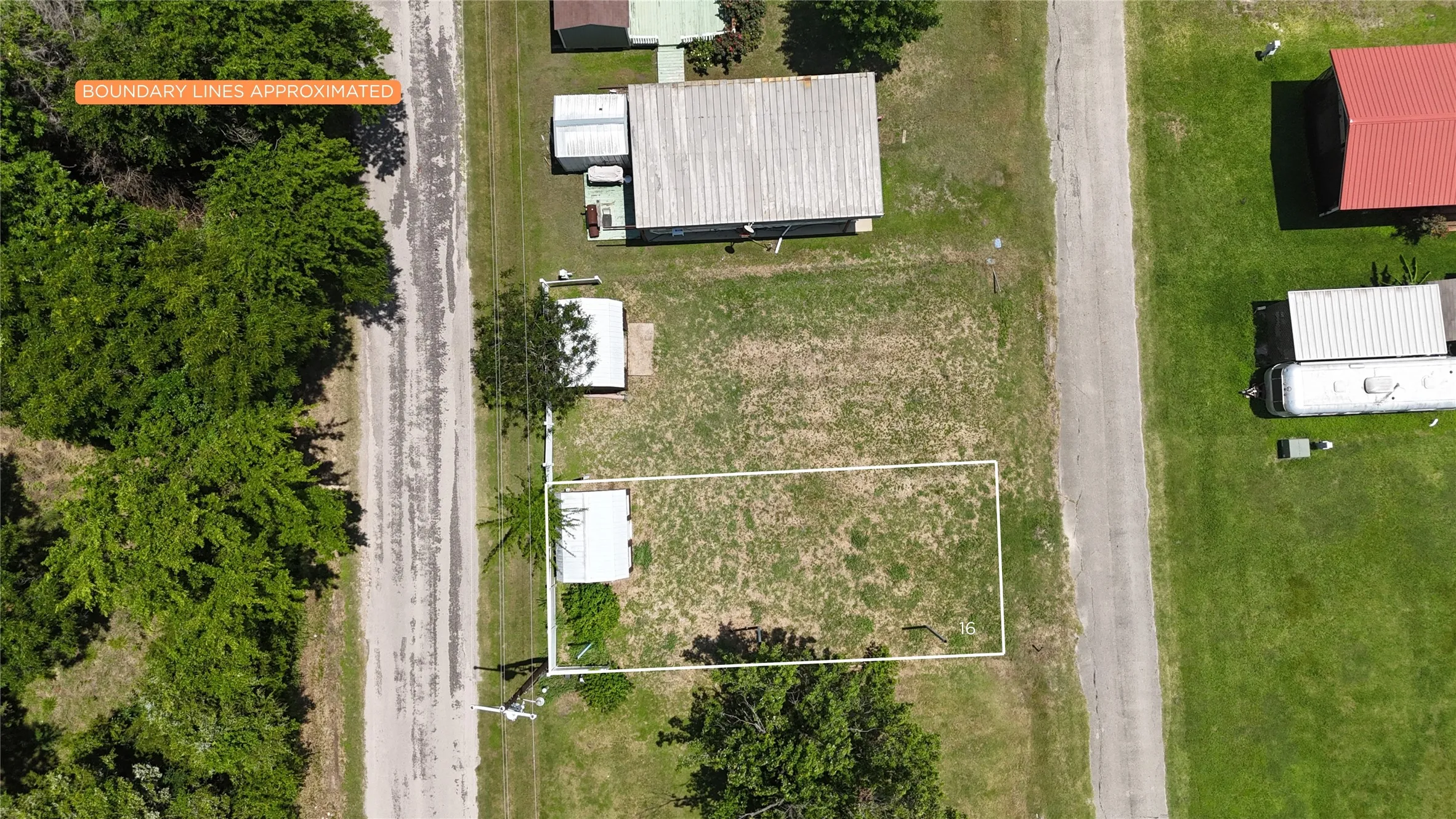 Overhead view showing approximate boundary lines for Lot 16.
