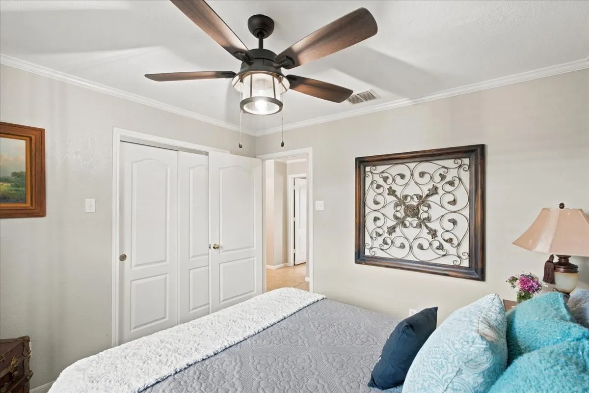 Ceiling fan with dark wood-finish blades and a central light fixture