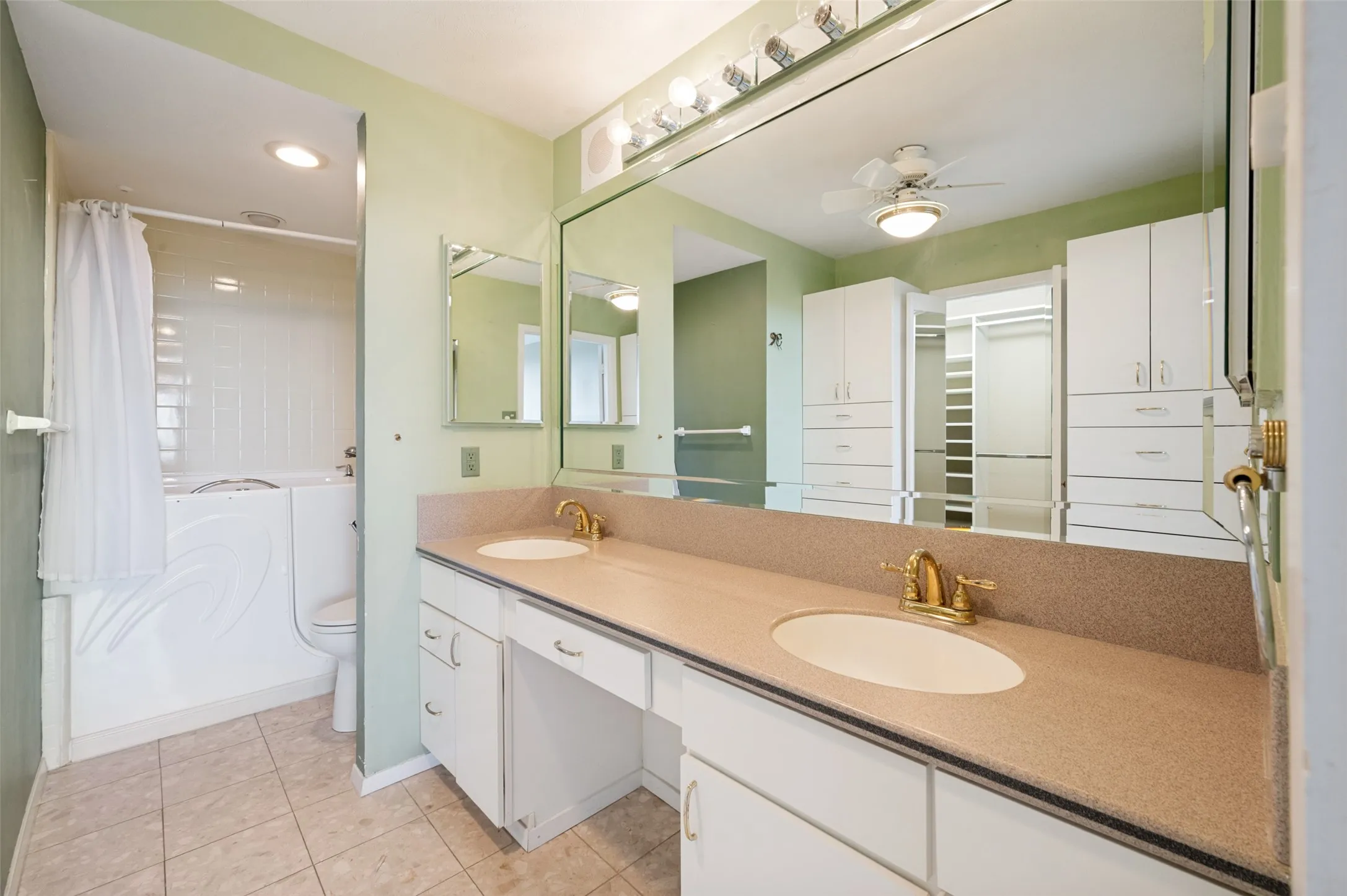 Dual sinks & walk in bath tub/shower.