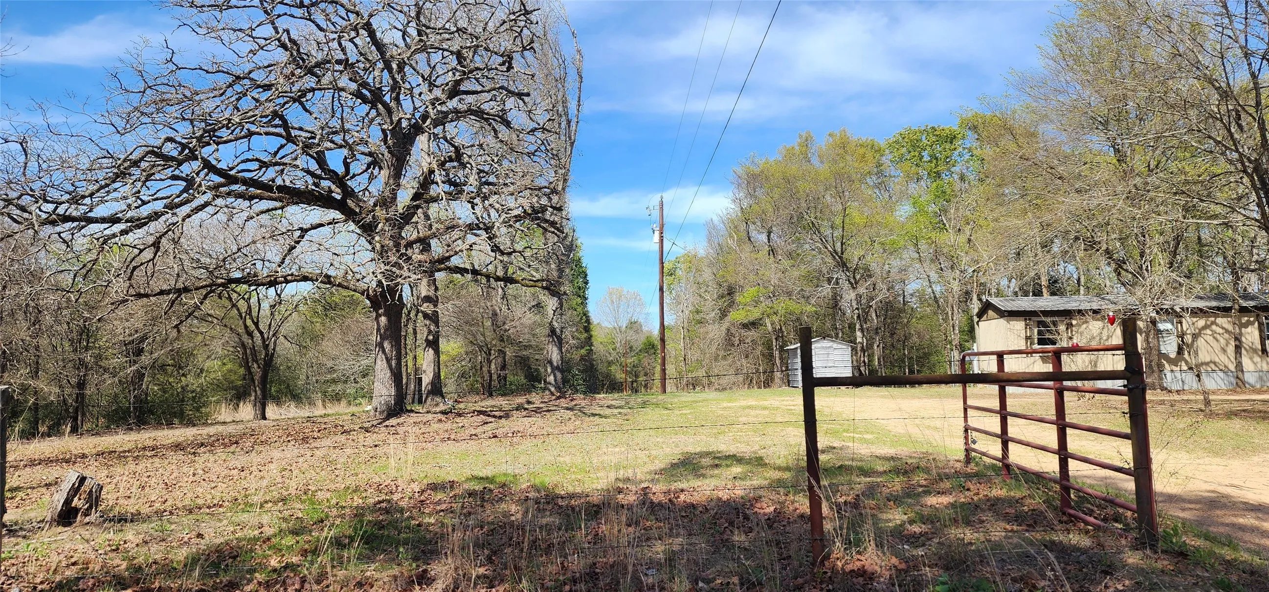 Expansive open land featuring mature trees and a gated entrance
