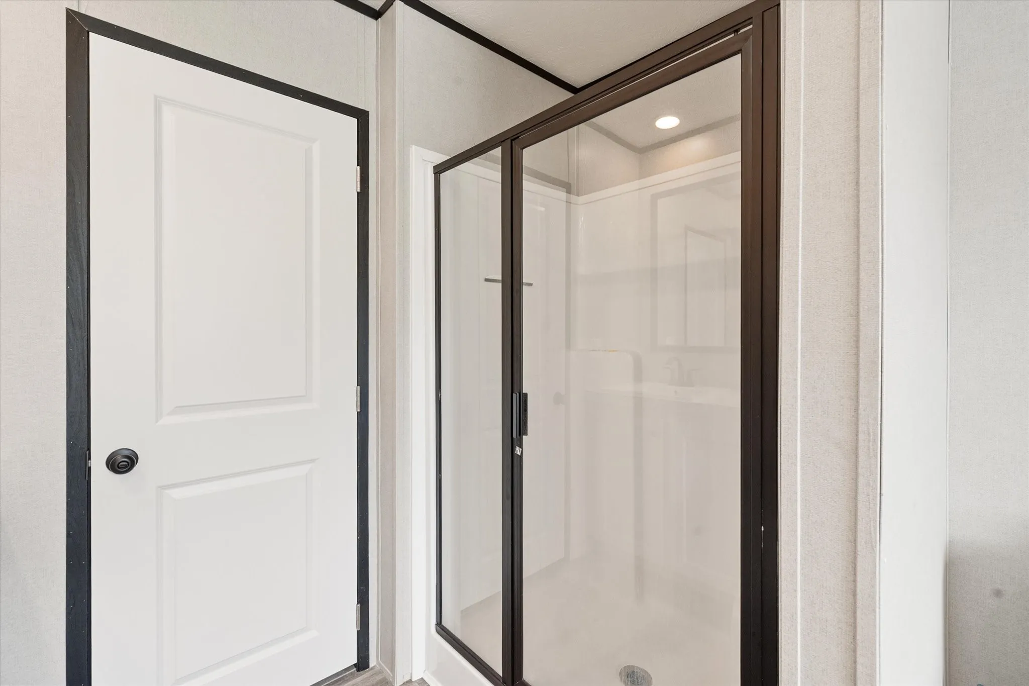 Shower enclosure with dark-framed glass door