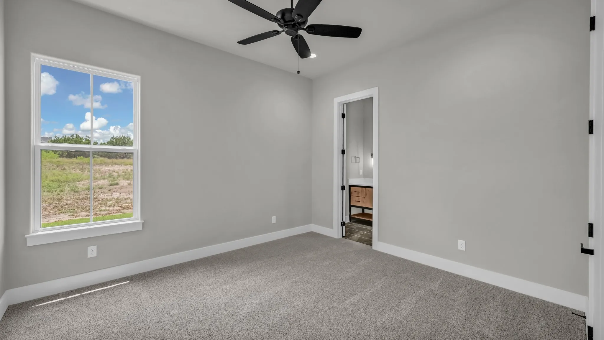 Carpeted interior with light gray walls, a ceiling fan, and white trim
