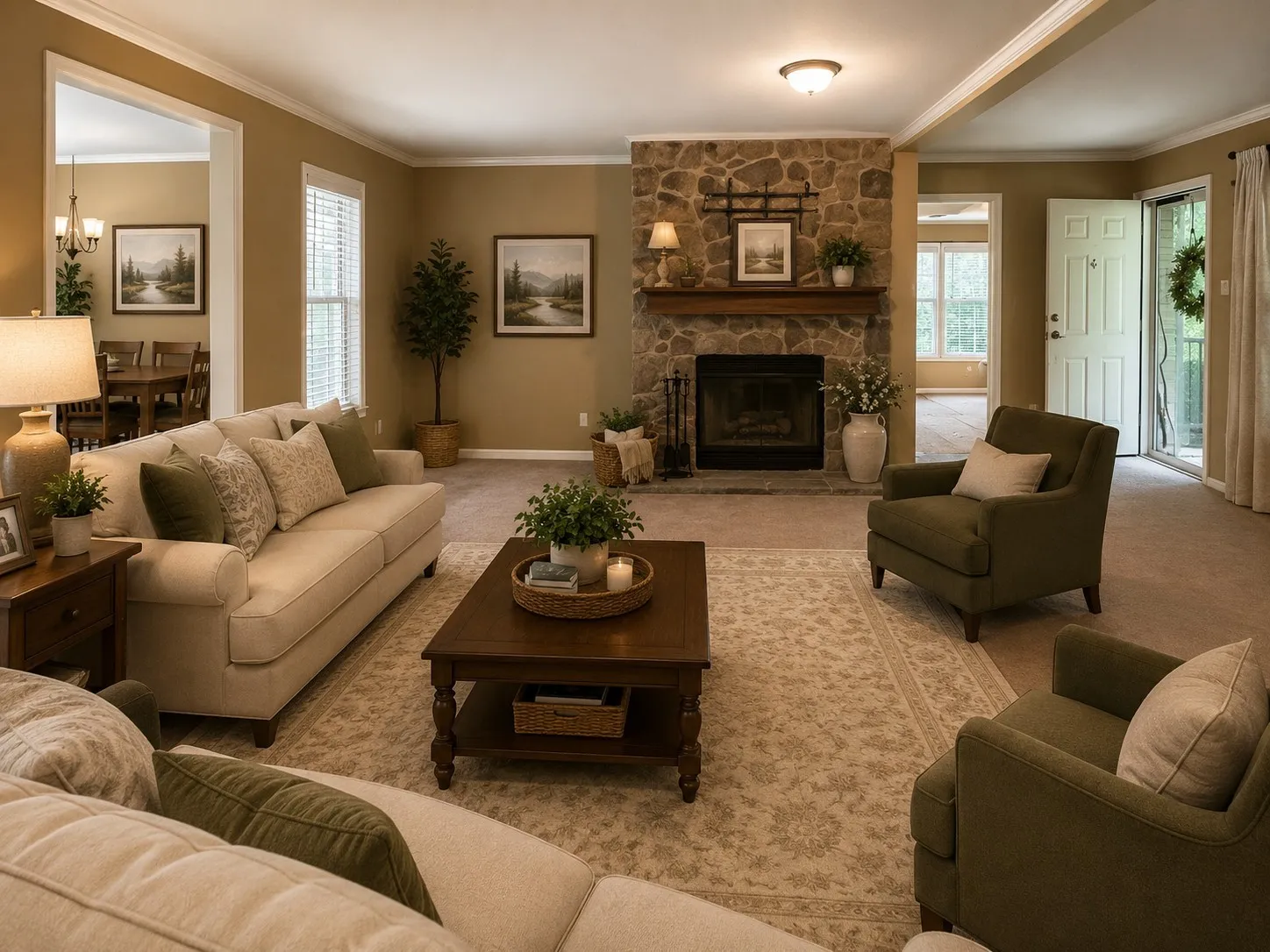 Living room featuring a stone-clad fireplace with a wood mantel, overhead crown molding, and an arched entryway