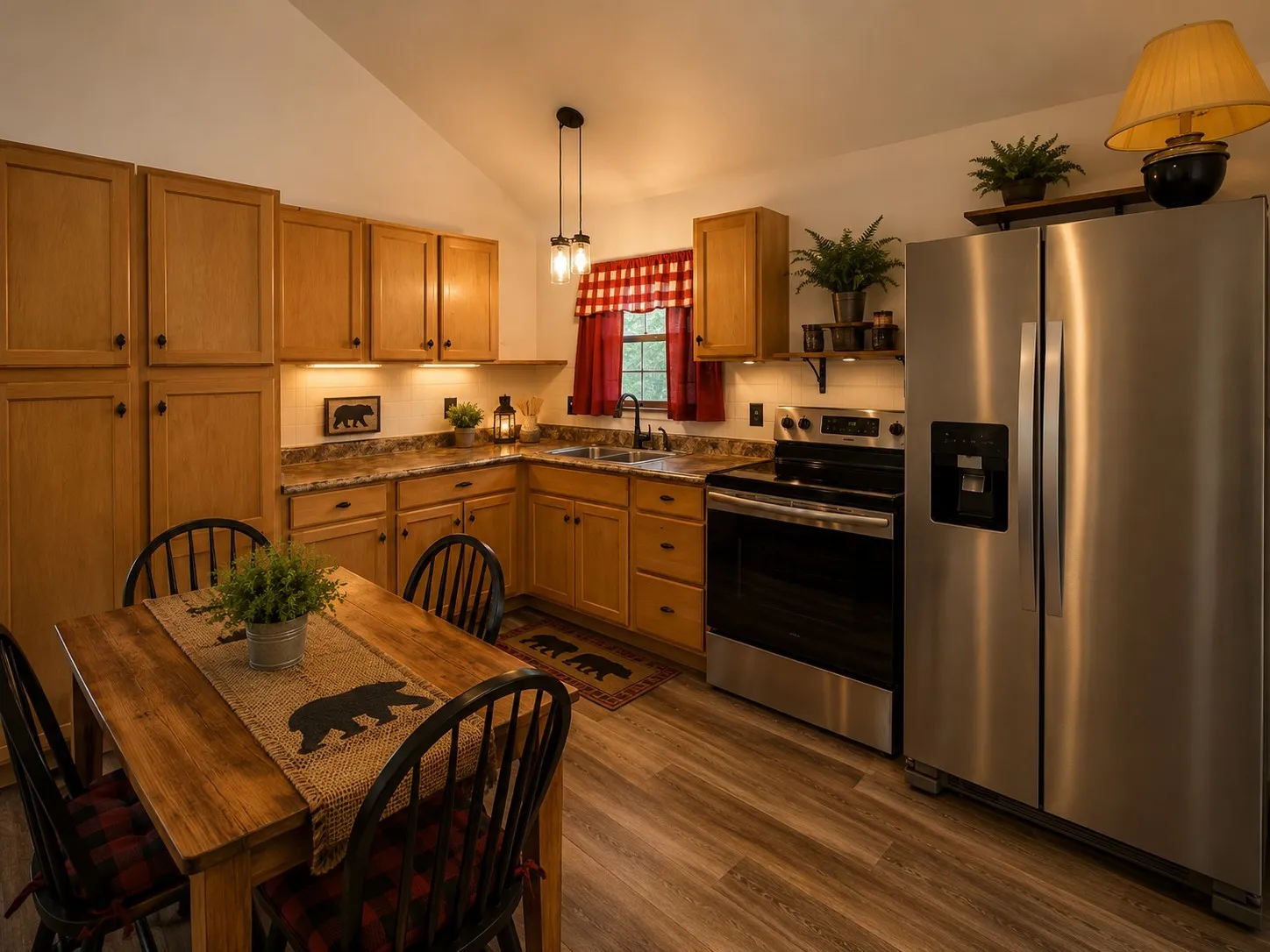 Kitchen featuring natural wood cabinetry, wood-finish flooring, a stainless steel refrigerator, and a stainless steel electric range