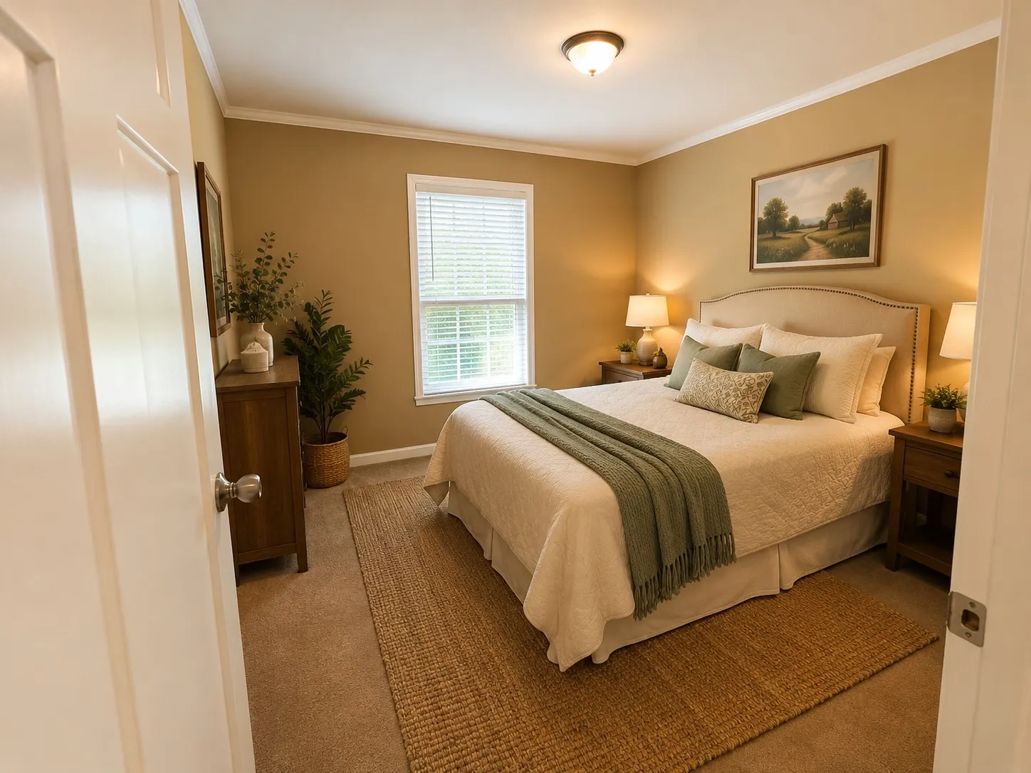 Bedroom featuring neutral-toned walls, a window with blinds, carpet flooring, a ceiling-mounted light fixture, and crown molding