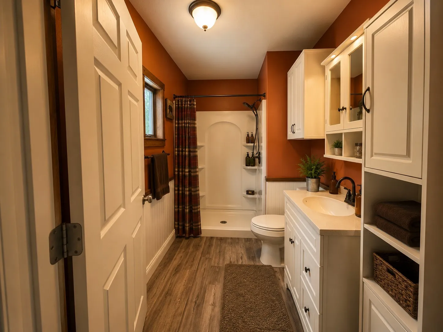Bathroom featuring wood-finish flooring, white wainscoting, and a single vanity with an integrated sink