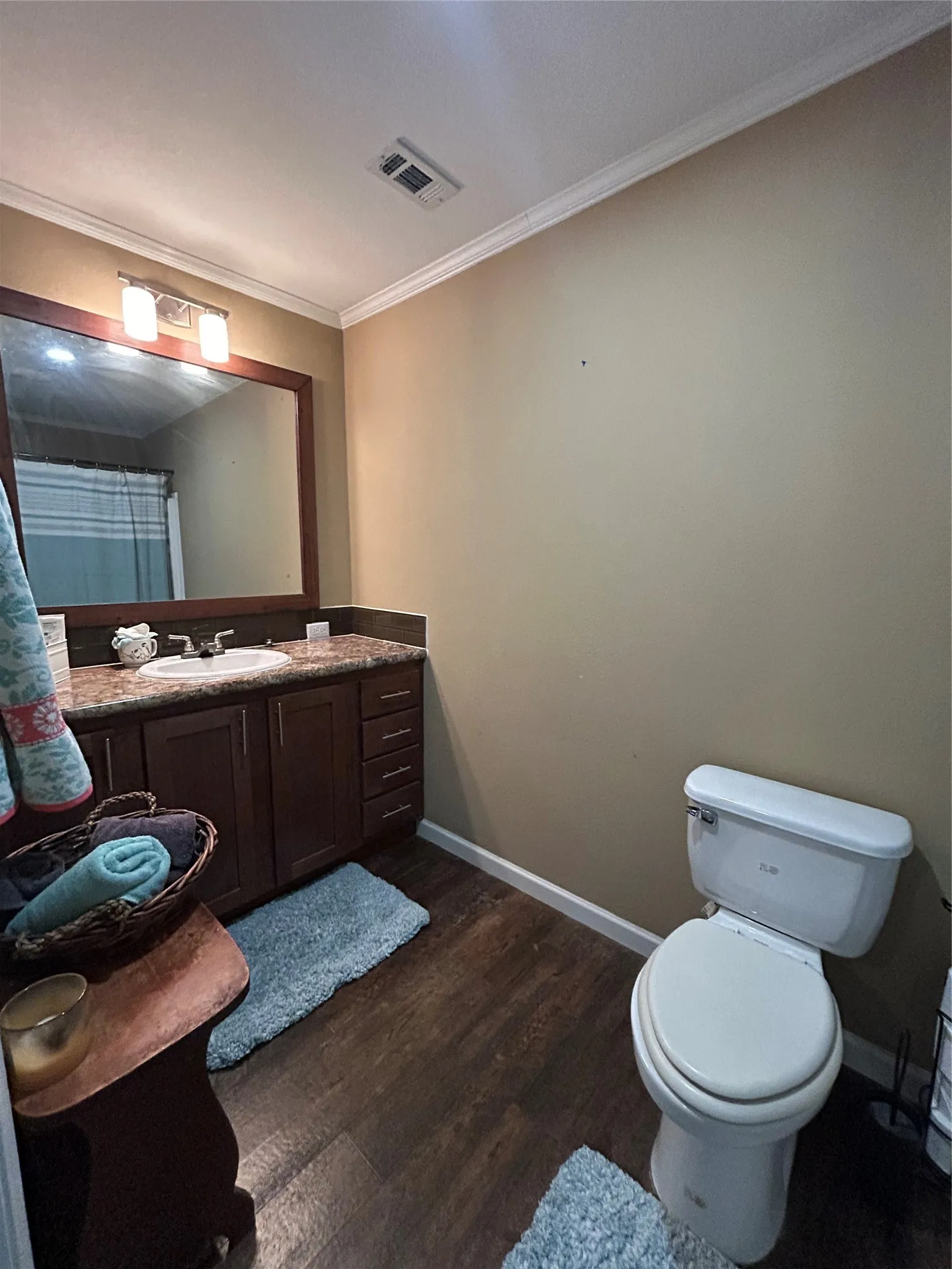 Bathroom featuring wood-finish flooring, a dark wood vanity with a light-toned countertop, and a large framed mirror with overhead lighting