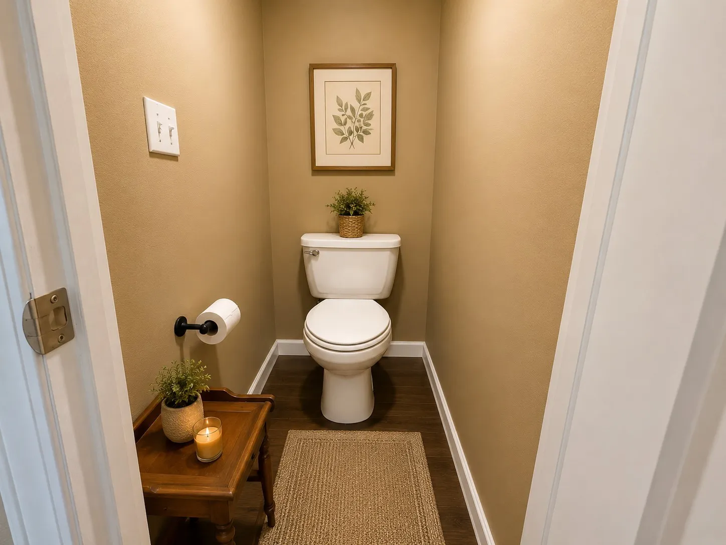 Powder room featuring a white toilet, wood-finish flooring, and light tan walls
