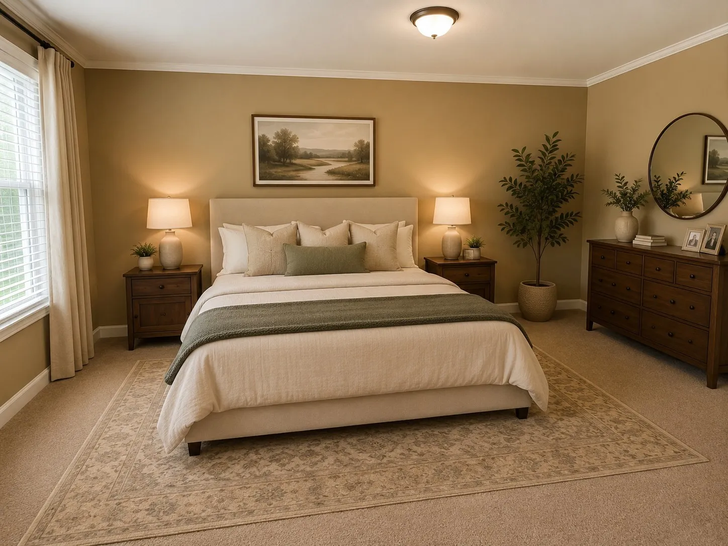 Carpeted bedroom featuring a window with blinds, crown molding, and a flush mount ceiling light fixture