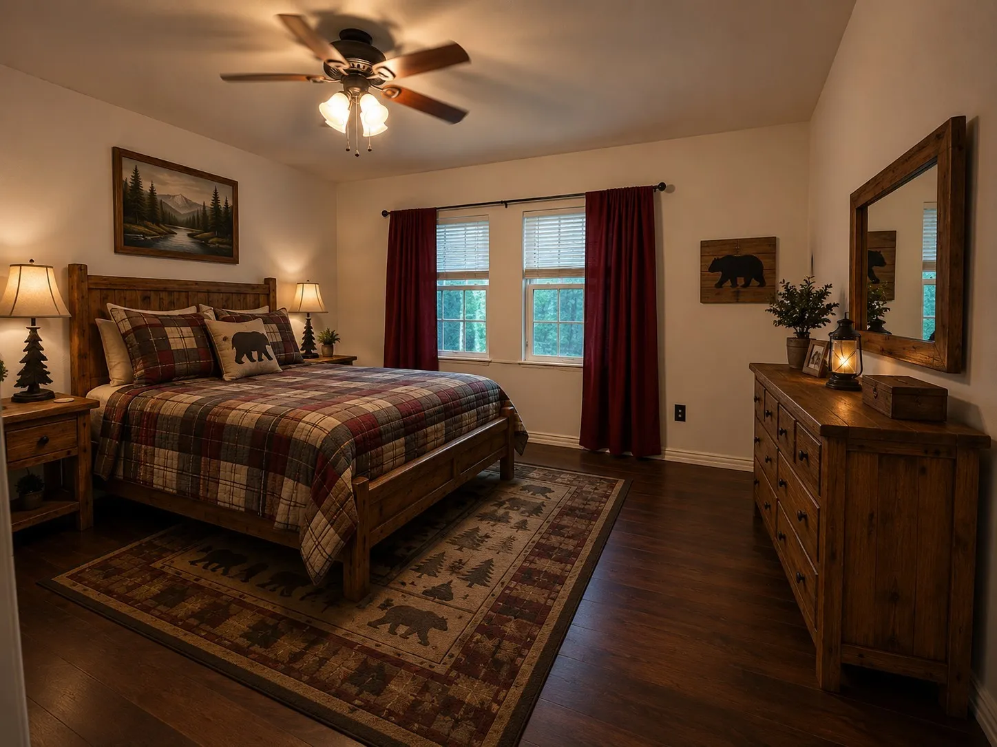 Bedroom featuring wood-finish flooring, two window openings with blinds, and white baseboards