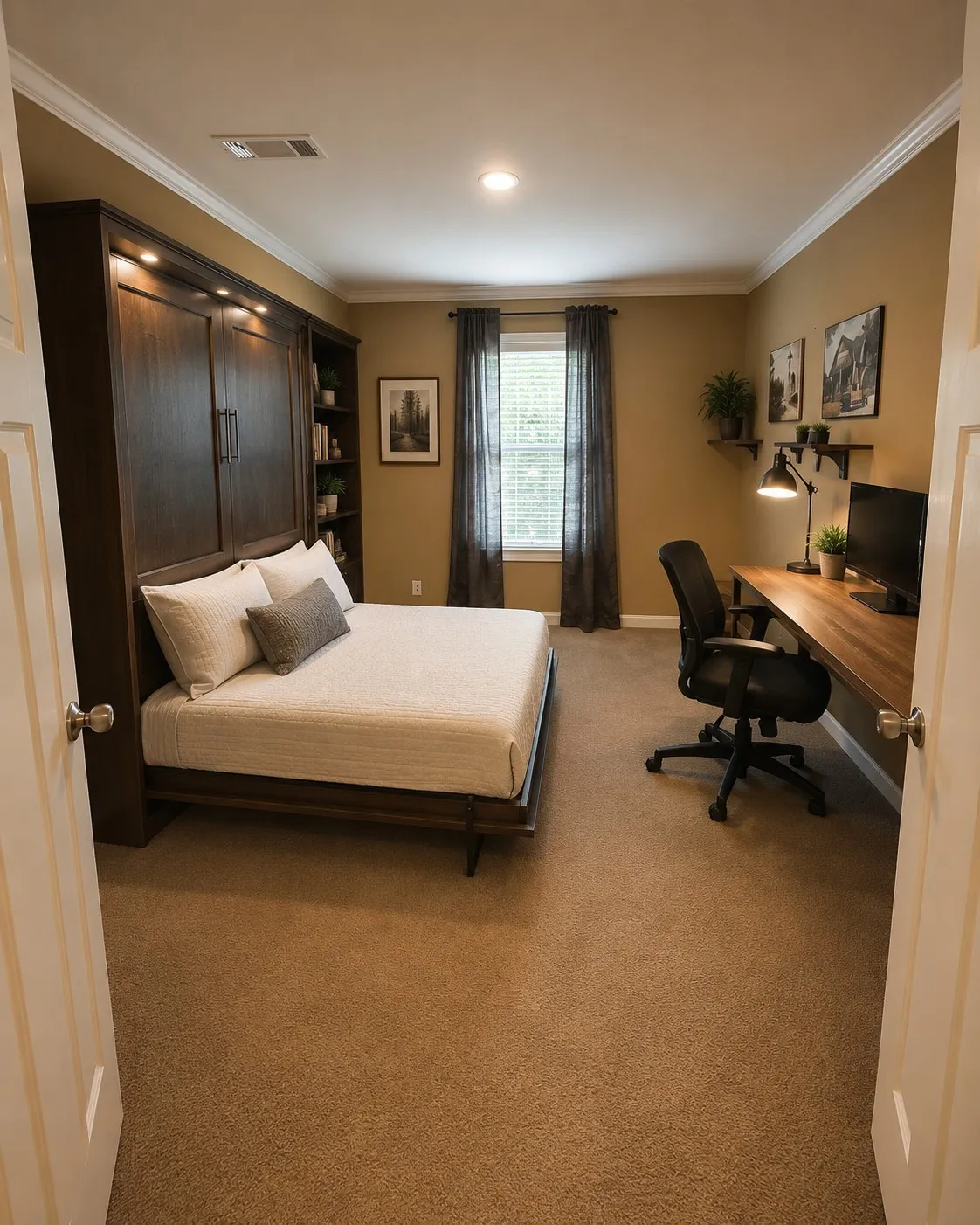 Versatile room featuring a built-in Murphy bed with integrated lighting, custom shelving, and a large window