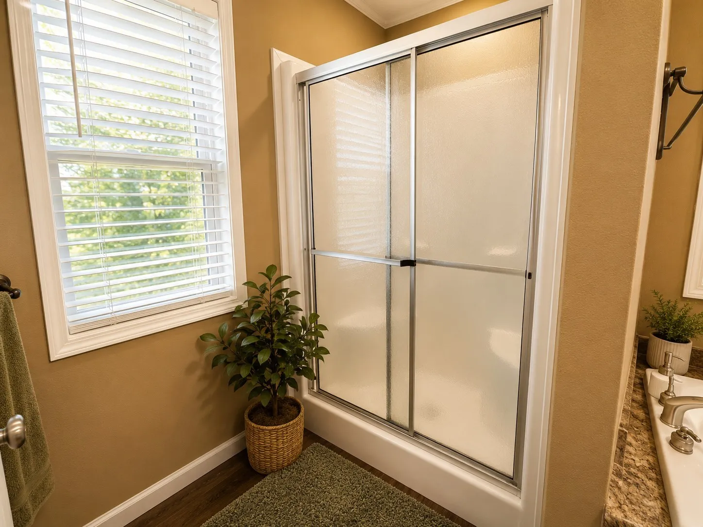 Shower enclosure with sliding frosted glass doors