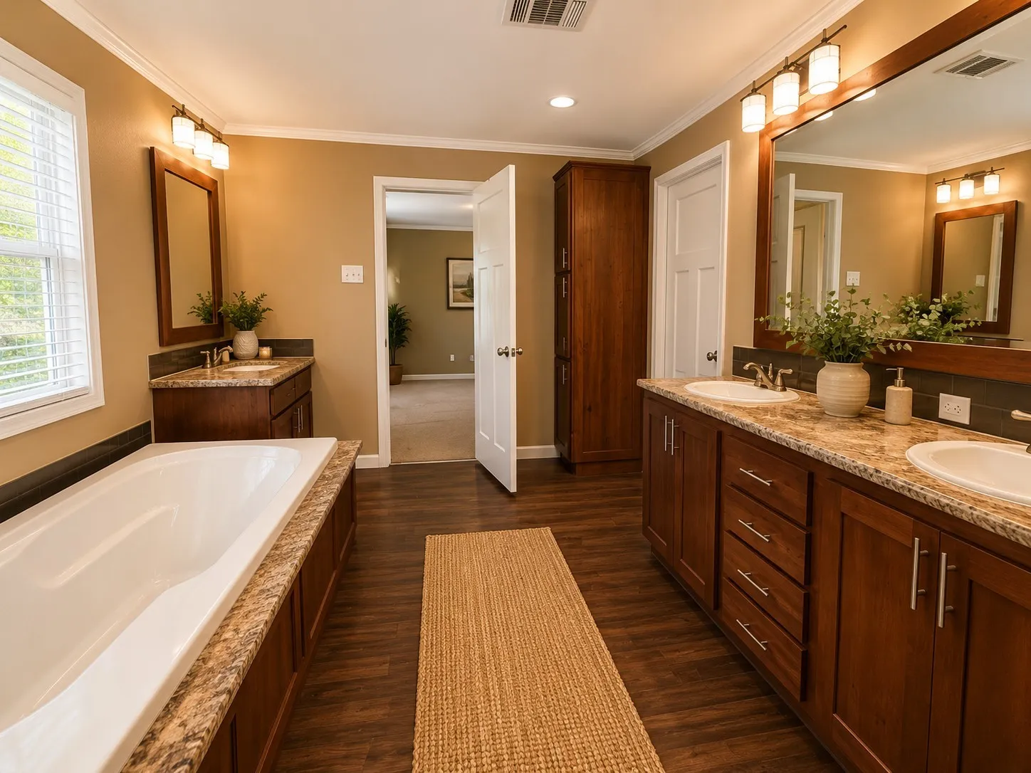 Bathroom featuring a built-in soaking tub with a stone-finish surround, wood-finish flooring, a double vanity with stone-finish countertop and integrated sinks, and individual mirrors with vanity lighting