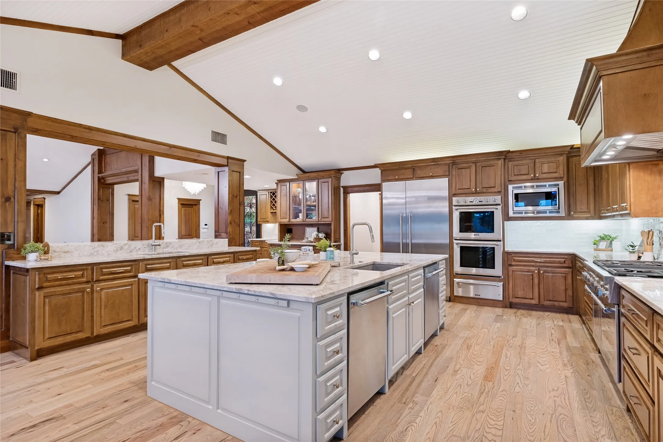 Main House Kitchen with Double Islands, 2 Dishwashers, 3 Ovens and Large Gas Range