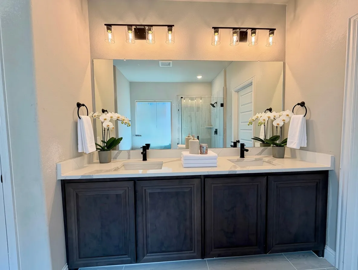 Quartz vanity with 2 sinks and Matte Black fixtures and lighting