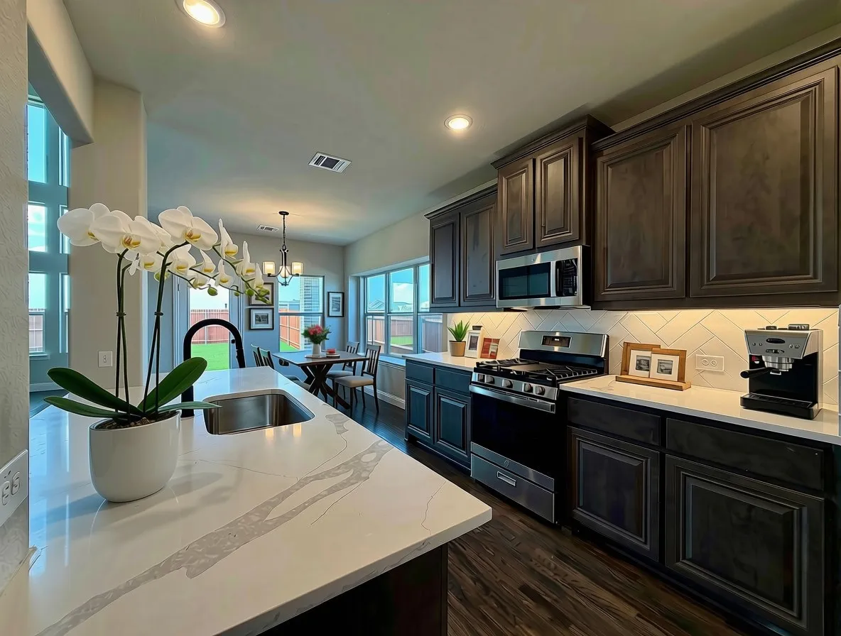 Gournet kitchen offers Marcella quartz counters and Slate Grey raised-panel cabinets give kitchen a warm & welcoming look