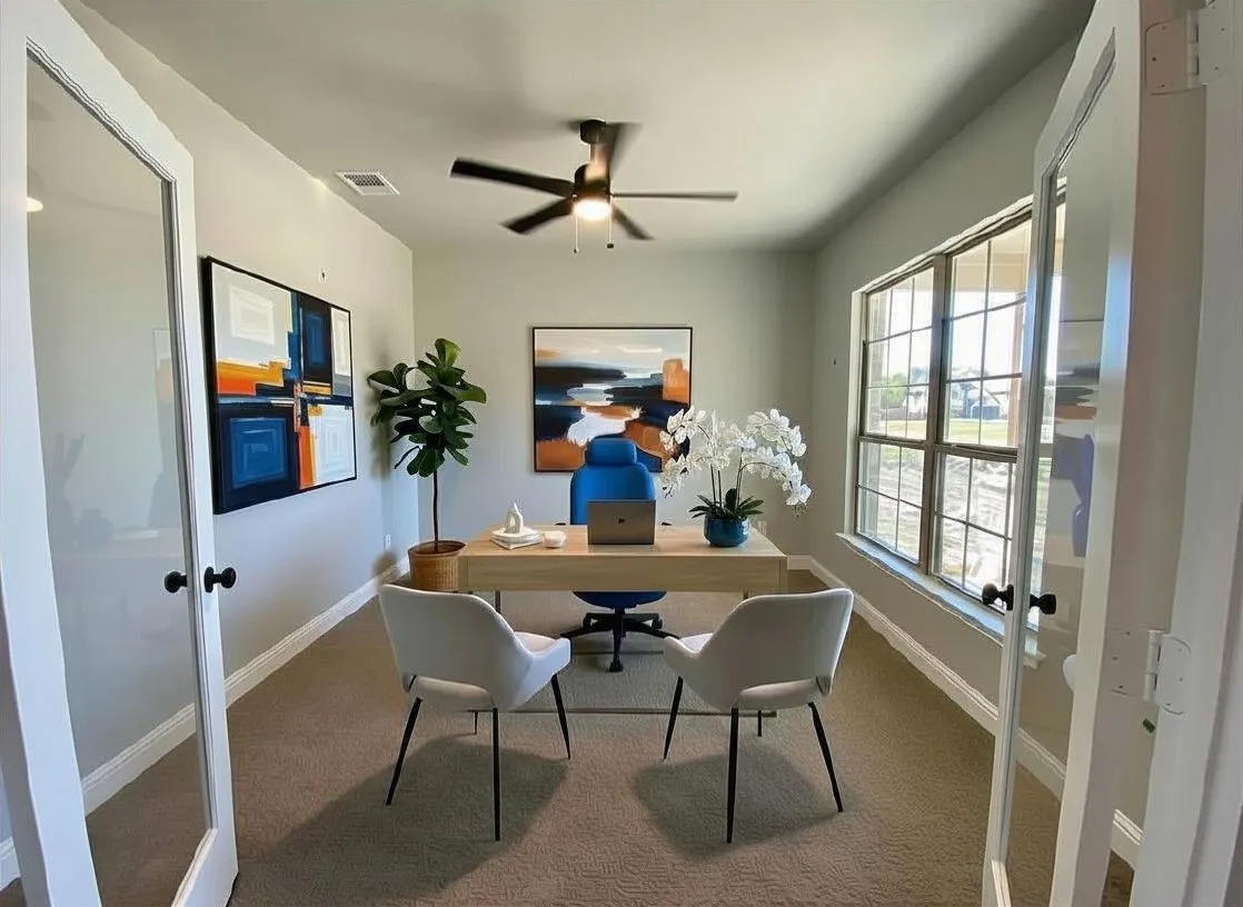 Study has large windows, ceiling fan, and modern glass double foors