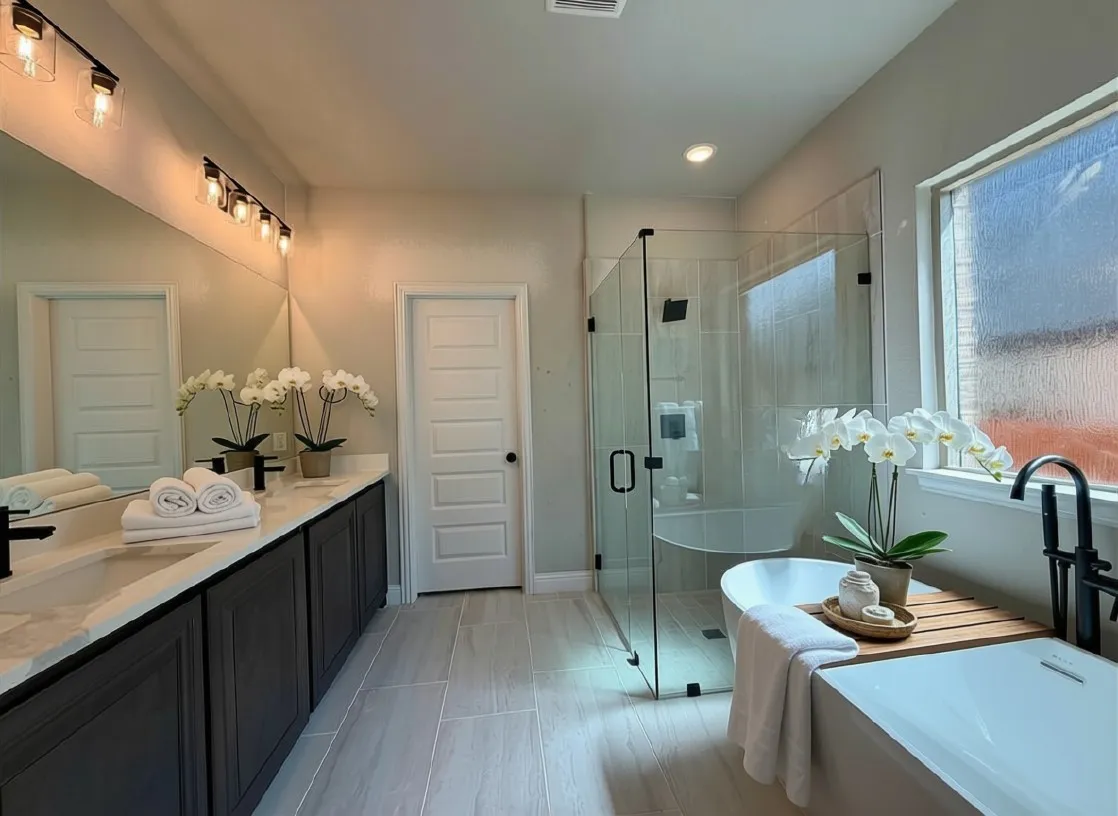 Spa-like master bathroom with Quartz counters, Slate cabinets, and 12x24 tile on walls & floors