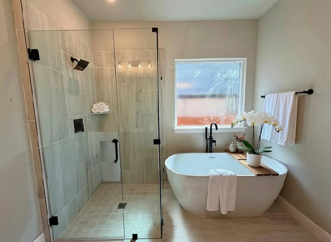 Frameless glass shower with droped tile pan and modern freestanding tub