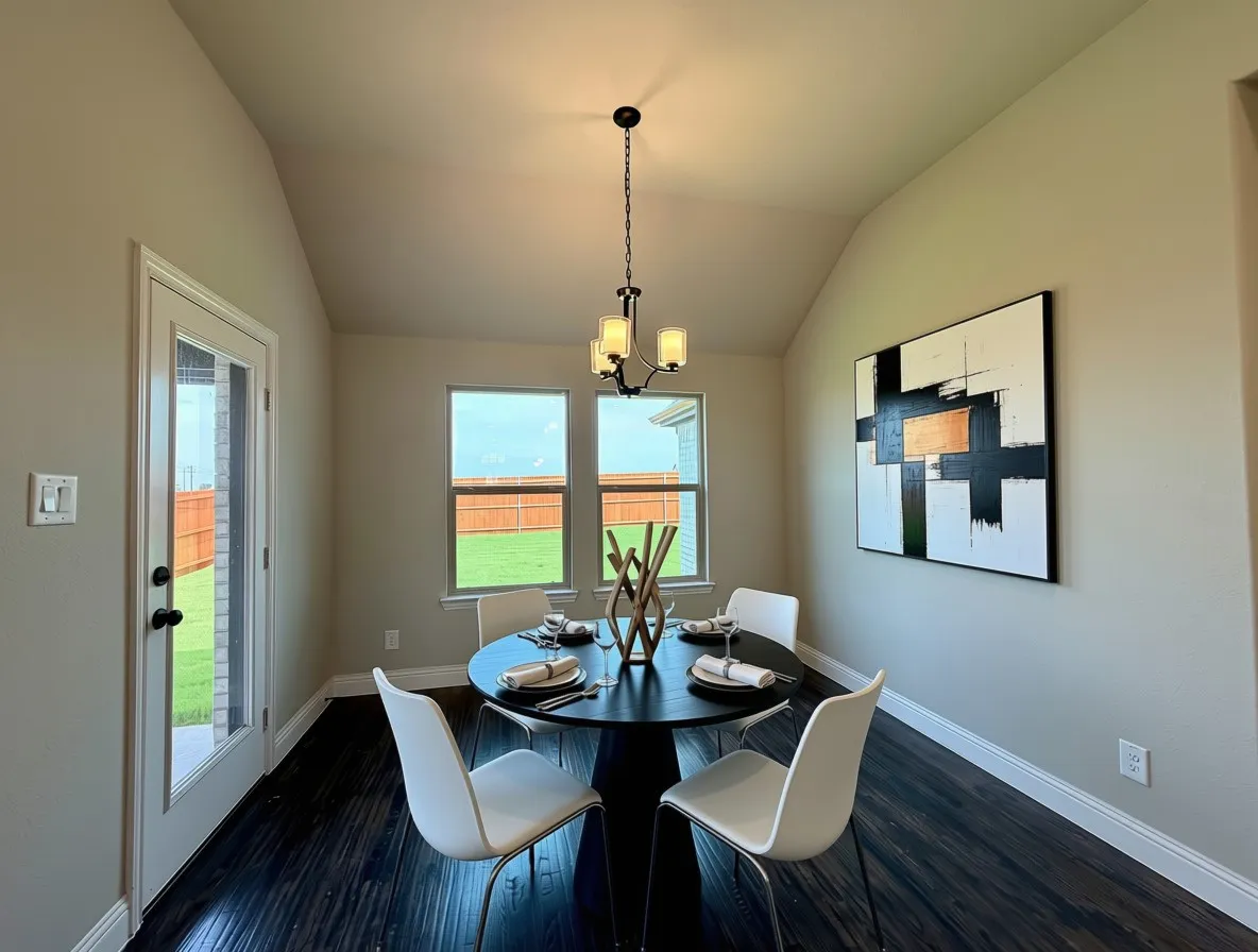 Light and bright kitchen cafe area with Matte Black chandelier