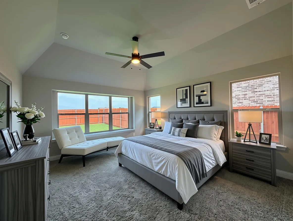 Large master suite with vaulted celings, lots of windows, window seat, and ceiling fan