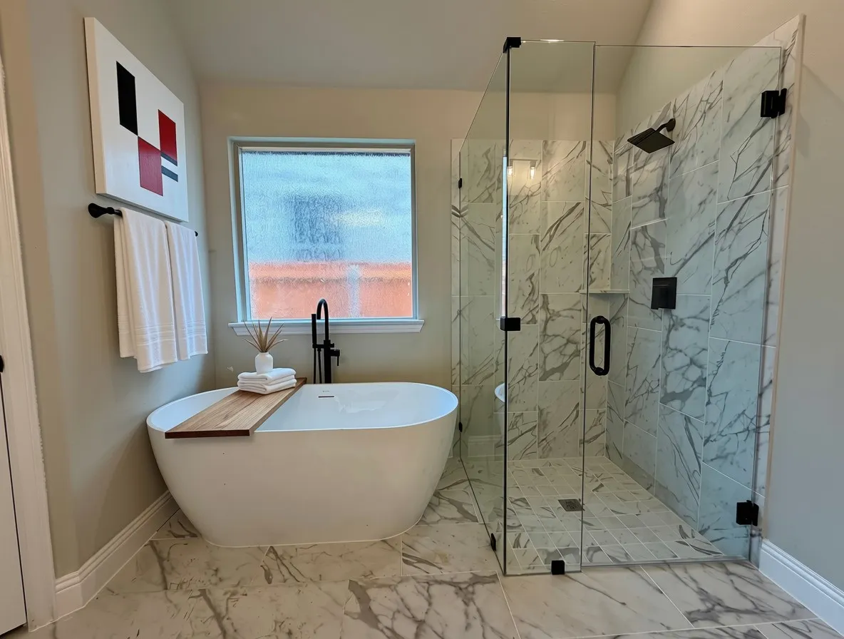 Elegant and modern freestanding tub, frameless glass shower, and dropped tile shower pan