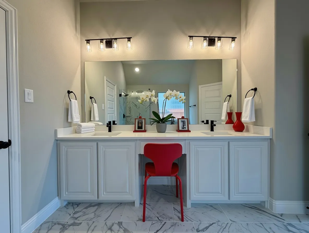 Calacatta Lincoln quartz vanity with 2 sinks