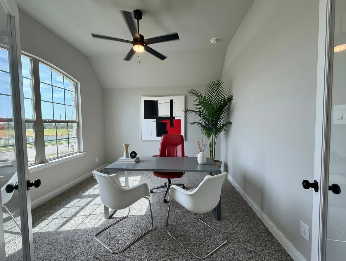Study offers large windows, vaulted ceiling, glass double doors, and ceiling fan